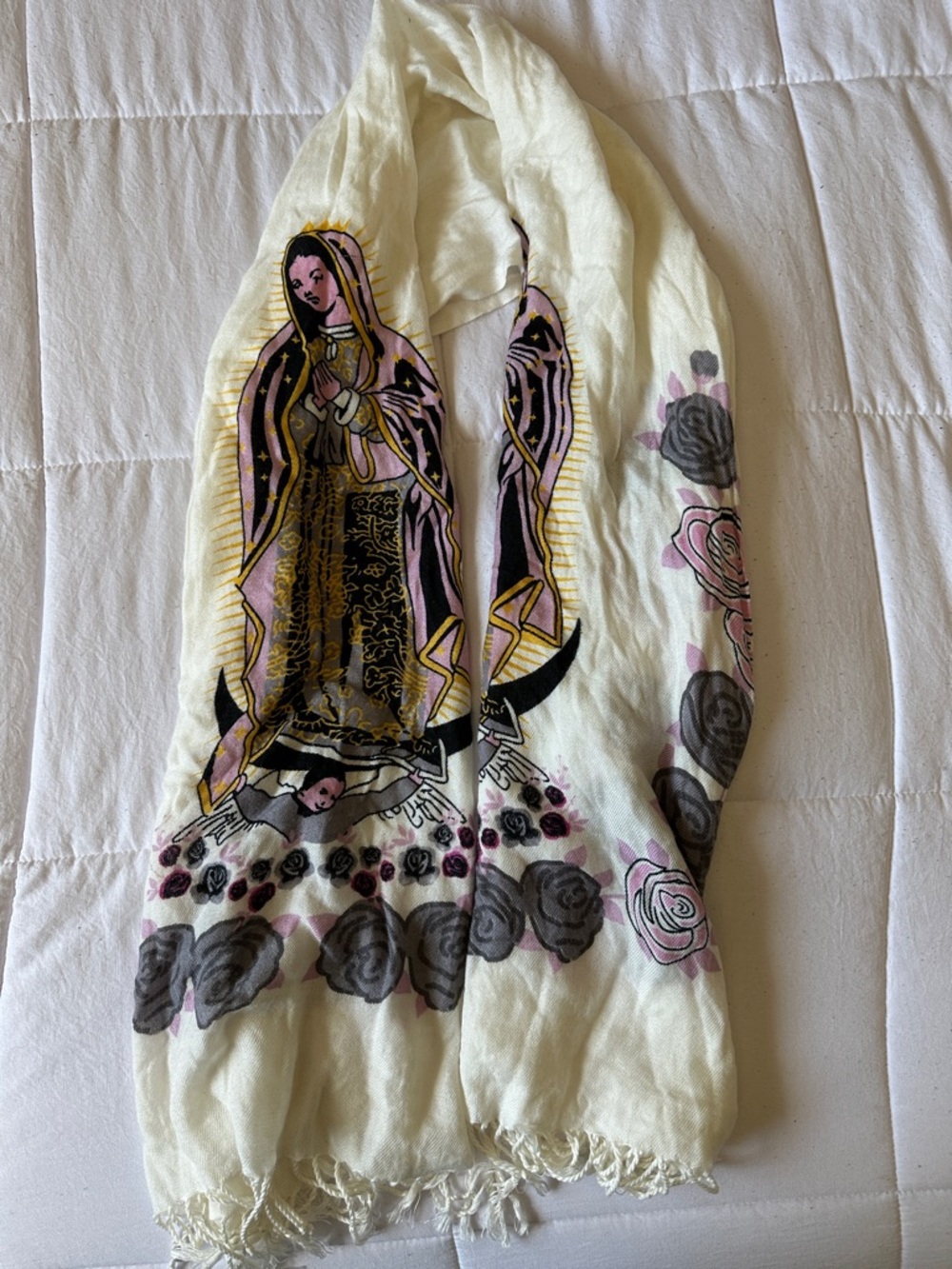 Virgin Mary Graphic Scarf in Cream, Black & Pink